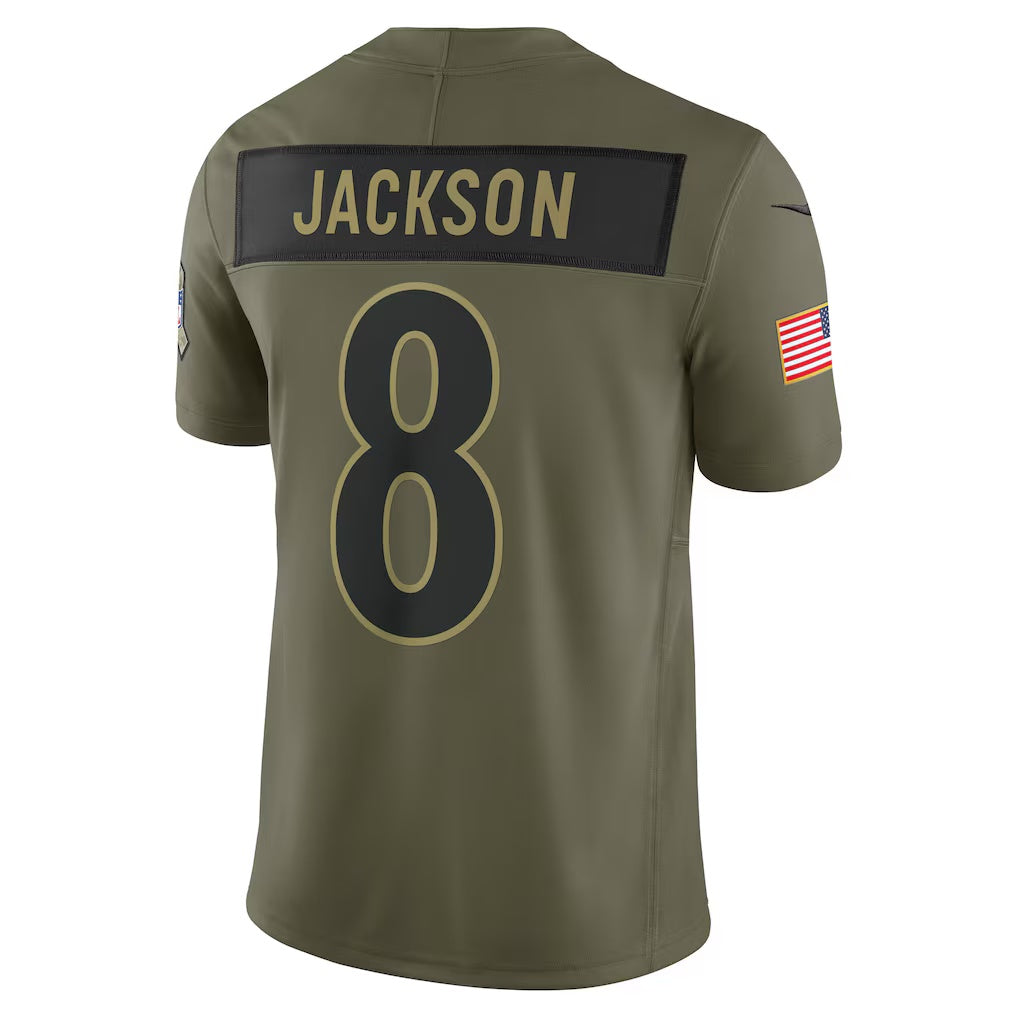 B.Ravens #8 Lamar Jackson Olive 2025 Salute to Service Limited Stitched American Football Jerseys