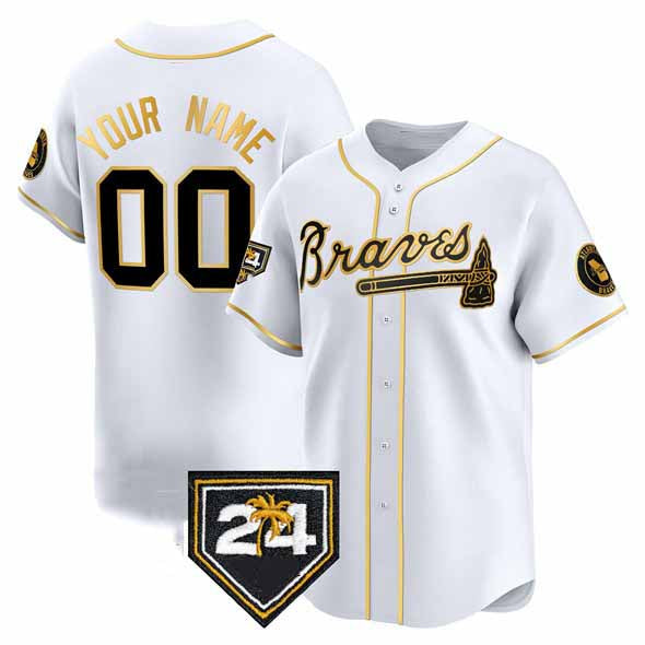 Custom Atlanta Braves White Gold 2024 Spring Training Patch Limited Stitched Baseball Jersey