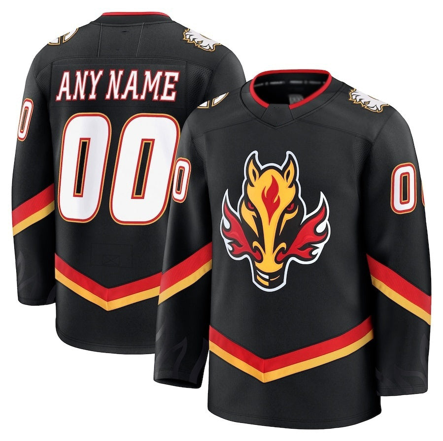 Custom C.Flames Fanatics Alternate Premium Jersey - Black Stitched American Hockey Jerseys