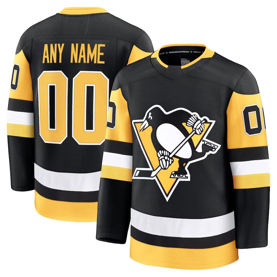 Custom P.Penguins Fanatics Home Premium Jersey - Black Stitched American Hockey Jerseys