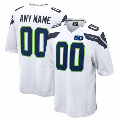 Custom S.Seahawks White 50th Season Away Game Stitched Football Jersey