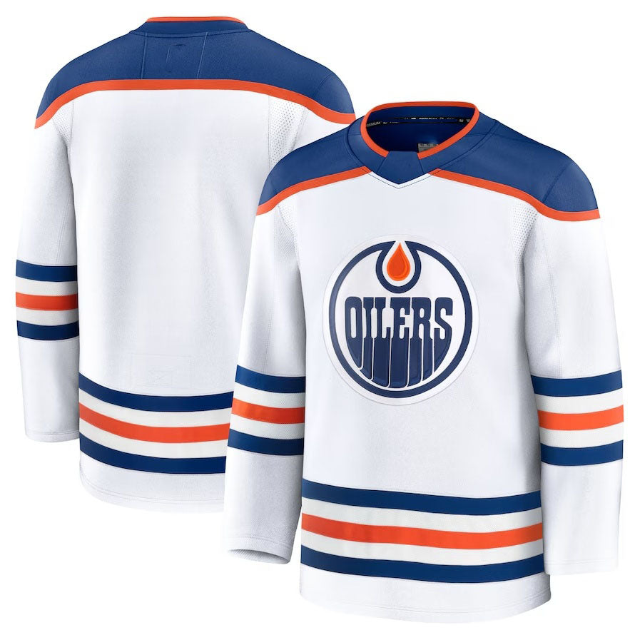 E.Oilers Fanatics Away Premium Jersey - White Stitched American Hockey Jerseys