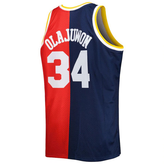 H.Rockets #34 Hakeem Olajuwon Mitchell & Ness Big & Tall Hardwood Classics 1993-94 Split Swingman Jersey Navy Red Stitched American Basketball Jersey